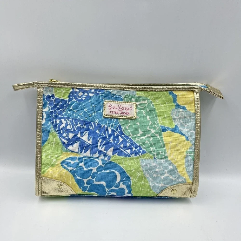Estee Lauder Lilly Pulitzer Cosmetic Makeup bag Blue Green Gold Trim